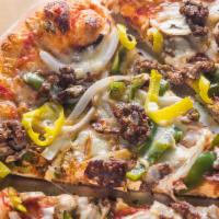 * Steak Bomb Pizza · Loaded with seasoned steak, green peppers, banana peppers, onions, mushrooms and mozzarella....