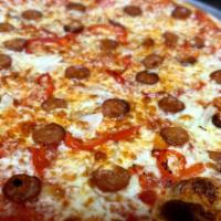 Lisbon Pizza · Grilled linguica, roasted red peppers, caramelized onions, Romano and mozzarella.