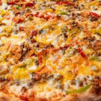 Spicy Taco Pizza · Spicy. Ground beef mixed with taco seasoning, kidney beans, jalapeños, green peppers, roaste...