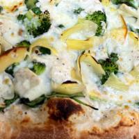 Veggie Alfredo Pizza (New) · Come with: Basted in our homemade cheesy Alfredo sauce and topped with spinach, roasted garl...