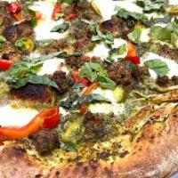 Spicy Meatball Pesto  Margherita Pizza. ( New ) · white pizza with pesto sauce topped with roasted garlic, roasted red pepper, jalapeno pepper...