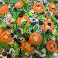Zio White Veggie Pizza · Baby spinach, roasted peppers, fresh tomatoes, black olives, red onions, mozzarella, feta, g...