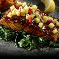 Pecan Crusted Salmon · Char-grilled/ served on bed of wilted spinach