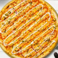 Buffalo Chicken Pizza · Chicken, hot sauce, blue cheese and mozzarella baked on a hand-tossed dough.