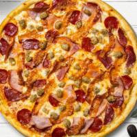 Meat Lover'S Pizza  · Pepperoni, sausage, ham, bacon and ground beef baked on a hand-tossed dough.
