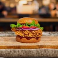 Bbq Fried Chicken Sandwich · Buttermilk fried chicken, swiss cheese, avocado, caramelized onions, tomatoes, and barbecue ...