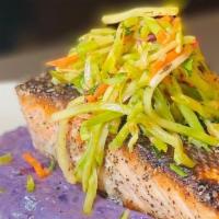 Pan Seared Salmon · Purple Potato Puree, Broccoli Salad, Herb Yogurt Sauce