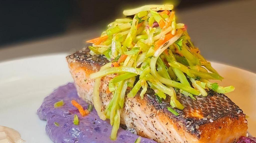 Pan Seared Salmon · Purple Potato Puree, Broccoli Salad, Herb Yogurt Sauce