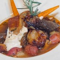 Smoked Venison Stew · Baby Carrots, Pee Wee Potatoes, Cipollini Onions, Pork Belly Burnt Ends, Dijon Sour Cream