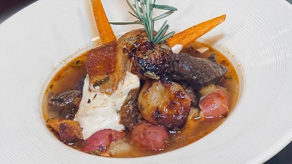 Smoked Venison Stew · Baby Carrots, Pee Wee Potatoes, Cipollini Onions, Pork Belly Burnt Ends, Dijon Sour Cream