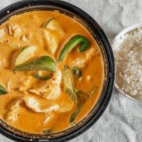 Red Curry · With Coconut milk, bell peppers, zucchini and mushroom medium spicy.