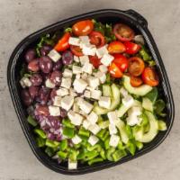 Greek Salad · romaine, onions, tomatoes, Kalamata olives, cucumbers, green peppers & feta cheese.