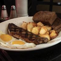 Steak And Eggs · New York sirloin steak with 2 eggs any style, toast, and home fries.