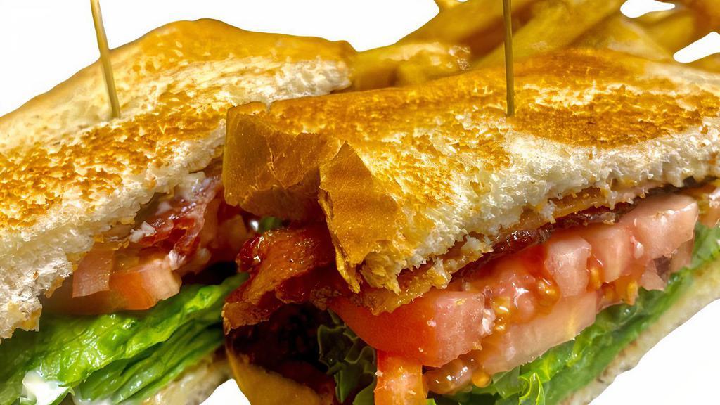 L.T. Sandwich · Sandwich with Bacon,Lettuce & tomato . Served with chips and a pickle. Substitute fries or onion rings for an additional charge.