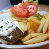 Brunch Gyro Platter With Fries · Fried egg, gyro meat, tzatziki sauce, lettuce, tomato, on a bun with french fries.