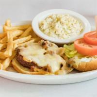 Tacony Burger · Melted swiss cheese, sauteed onions, mushrooms, lettuce, and tomato served with fries and co...