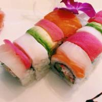 Rainbow Maki · California maki topped with sashimi. Item served raw.