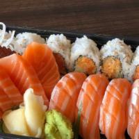 Salmon Complete · Salmon. Six pieces of sushi, six pieces of sashimi, and six pieces of spicy maki. Served wit...