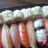 Sushi Regular · Seven pieces of sushi and six pieces of crunch maki. Served with seaweed salad. Item served ...