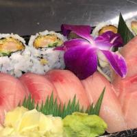 Hamachi Complete · Yellowtail. Five pieces of sushi, five pieces of sashimi, and six pieces of spicy maki. Serv...