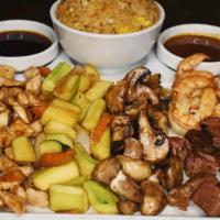 Shrimp & Steak · Tender NY sirloin with six white shrimp. Includes Hibachi Shrimp Appetizer (3pcs), Tradition...