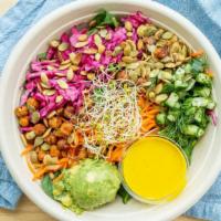Zen Bowl · Microgreens, Roasted chickpeas, purple cabbage, shredded carrots, cucumber dill, avocado spr...