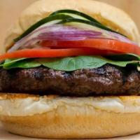 Double J Farms Burger · 8oz grass-fed, grass-finished beef, lettuce, tomato, onion, & pickles, on a sesame bun