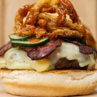Smokehouse Burger · Gouda, Bacon, Fried Onions, Pickles, House BBQ Sauce
