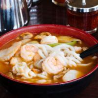 Tom Yum Seafood Soup · Hot. Shrimp, scallop, fish, thai spice broth.