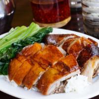 Roasted Pork & Roasted Duck & Veg On White Rice · 