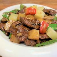 Pineapple Beef In Black Bean Garlic Sauce · Served with white rice or brown rice.