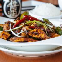 Dry Pepper Style · Served with steamed rice and brown rice.
