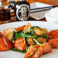 Fresh Lobster With Ginger & Scallion Sauce · Served with steamed rice and brown rice.