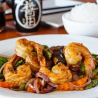 Shrimp With Asparagus In Hong Kong Fishman Sauce · Served with steamed rice and brown rice.