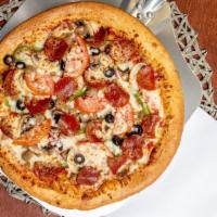 Supreme Pizza · Pepperoni, fresh mushrooms, onions, green peppers, black olives, beef sausage, ground beef, ...