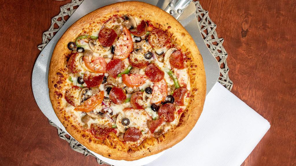 Supreme Pizza · Pepperoni, fresh mushrooms, onions, green peppers, black olives, beef sausage, ground beef, and hot peppers.