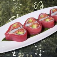 Sweet Heart Maki · Spicy tuna and avocado roll wrapped with fresh tuna. Heart shaped. Brown rice or soybean sus...