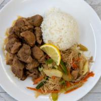 Pork Adobo Plate · Filipino style pork adobo served with steamed white rice and pansit