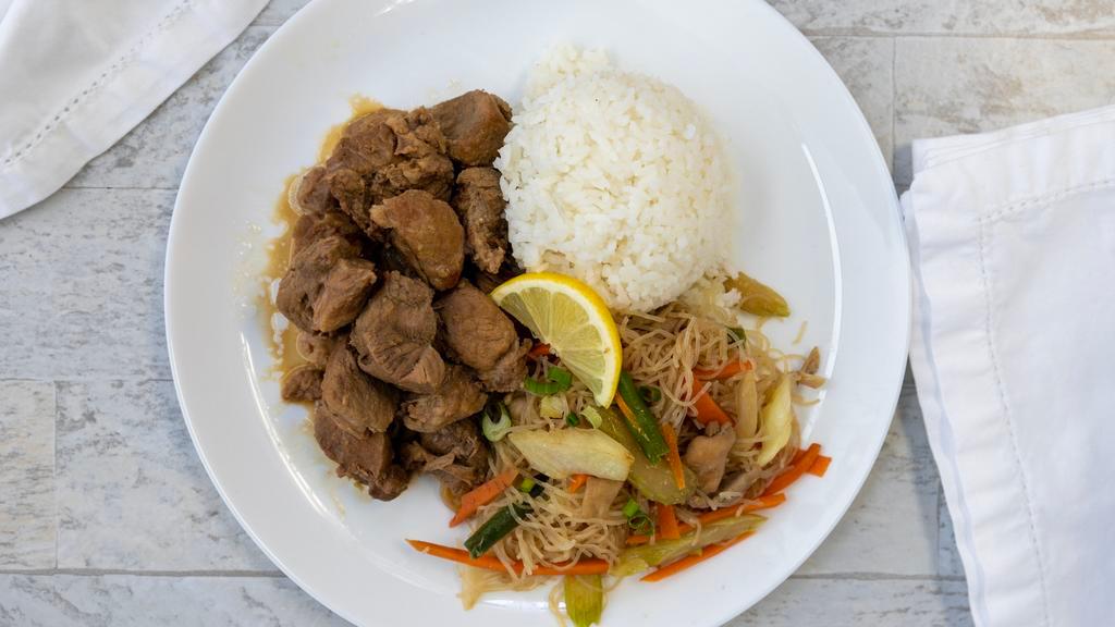 Pork Adobo Plate · Filipino style pork adobo served with steamed white rice and pansit
