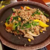 Basil Fried Rice · Hot. Fried rice with egg, carrots, mixed bell peppers, onions, peas and basil leaves.