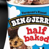 Ben & Jerry'S Half Baked Ice Cream Pint · Chocolate & Vanilla Creams with Gobs of Chocolate Chip Cookie Dough & Fudge Brownies