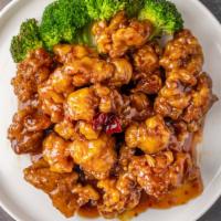 General Gau Chicken · Hot & spicy. Chicken lightly battered fried to crispy and sautéed with hot sauce.