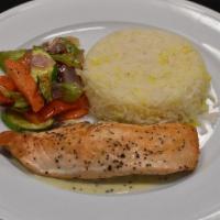 Baked Salmon · Served with rice and mixed vegetables.