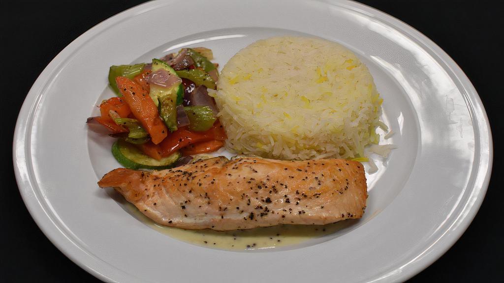 Baked Salmon · Served with rice and mixed vegetables.