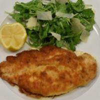 Panko Crusted Chicken Breast · Served on top of mustard cream sauce and arugula salad.