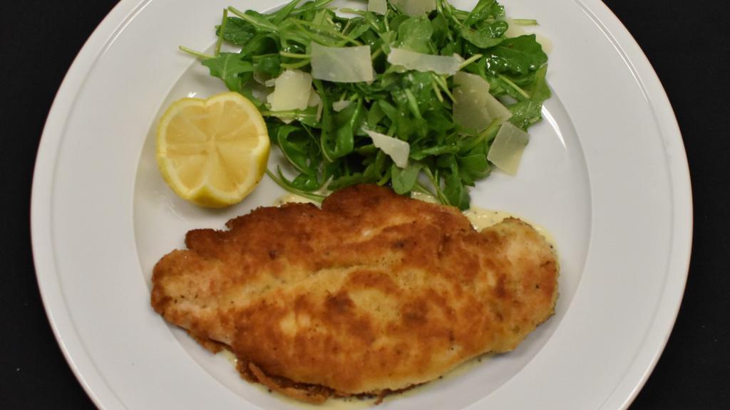 Panko Crusted Chicken Breast · Served on top of mustard cream sauce and arugula salad.