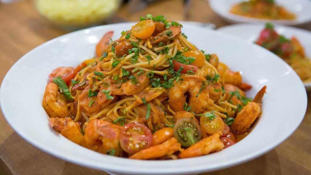 Shrimp Cacciatore · Shrimp sautéed with pepper, onion and mushroom in a spicy marinara sauce.