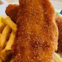 Fish & Chips · Breaded fried fish served with fries, coleslaw and tartar sauce