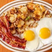 Two Eggs With Meat And Homefries · Beef Bacon, Scrapple or sausage or Corned Beef Hash. Add Egg White, Cheese, Onion, Green pep...