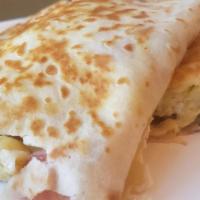 Turkey Bacon Egg And Cheese Crepe · Made with 3 eggs and turkey bacon.